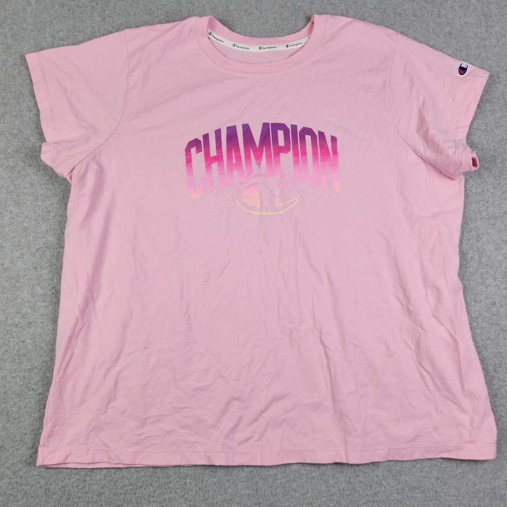 Champion T-Shirt Women 3X Pink Short Sleeve Relaxed Fit Spell Out Logo Oversized